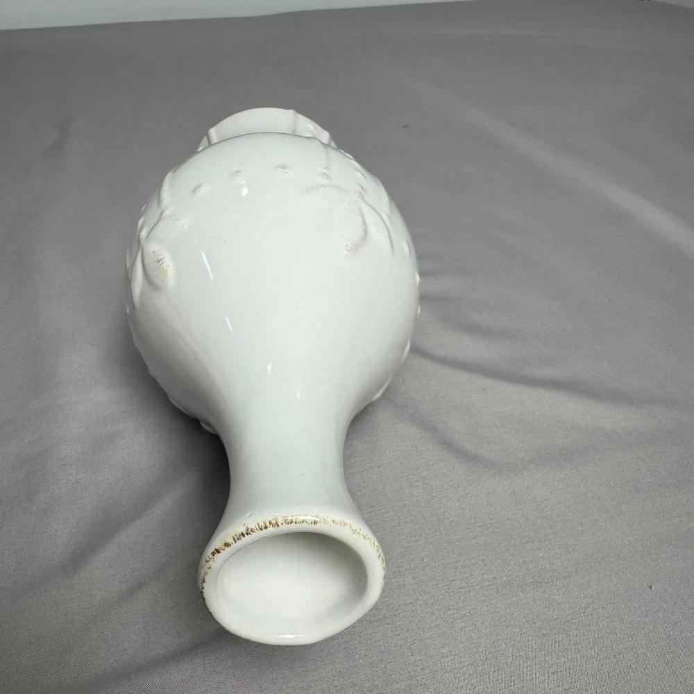 White Ceramic Bud Vase Embossed Floral Dotted Detail Iridescent Gloss 11.5 inch